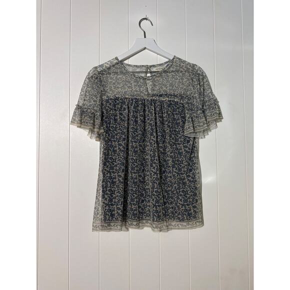 Max Studio Shirt Sheer Blouse Floral Short Sleeve Ruffle Details Size XS - Picture 2 of 9